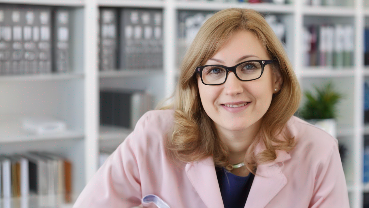 Dr Anna Kowalska, doświadczona optometrystka w profesjonalnym stroju medycznym, uśmiechająca się do pacjenta