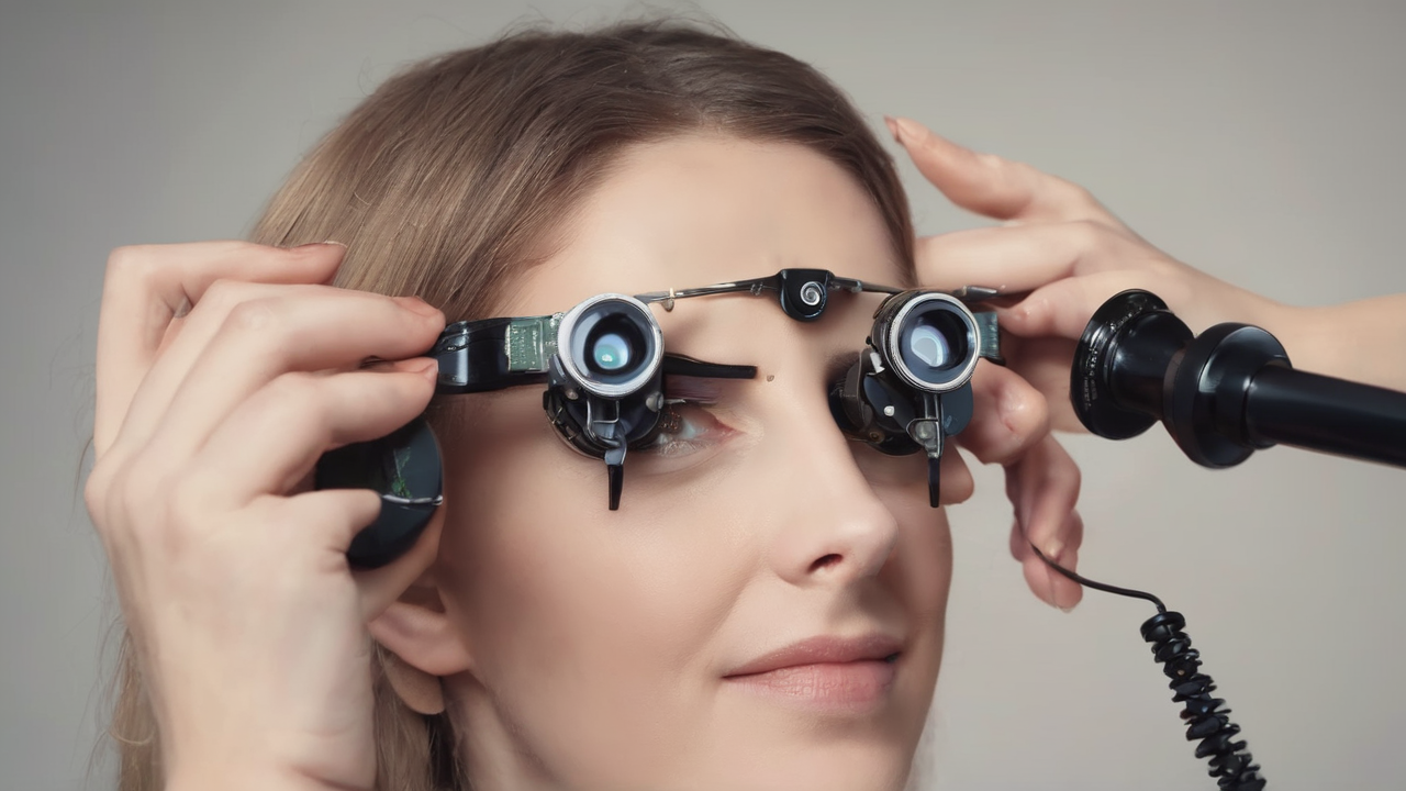 Uśmiechnięta kobieta optometrysta w białym fartuchu i profesjonalnych okularach podczas badania wzroku